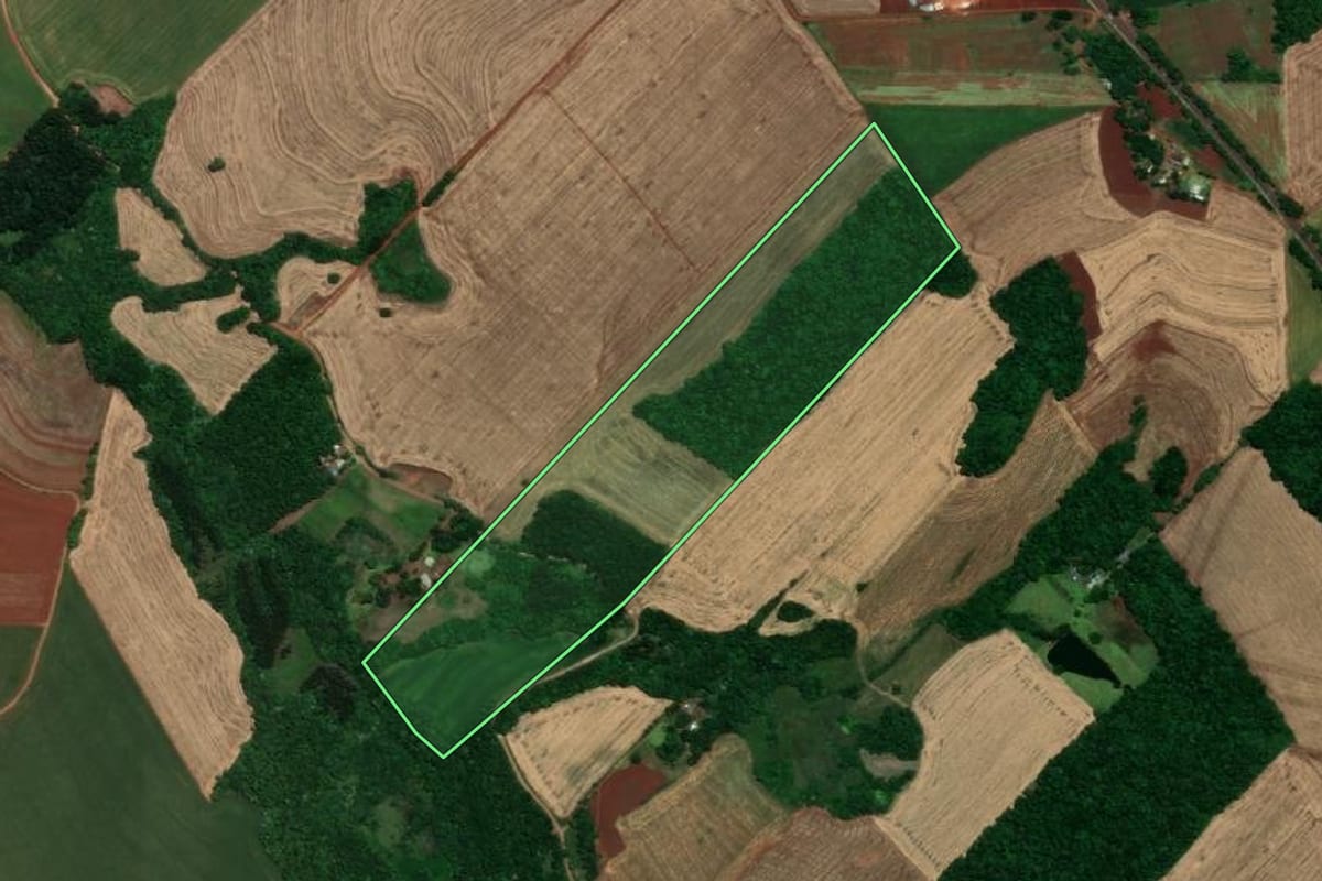 Imagem de satélite do imóvel rural em Santa Rosa (RS), com o contorno declarado no CAR desenhado por cima.