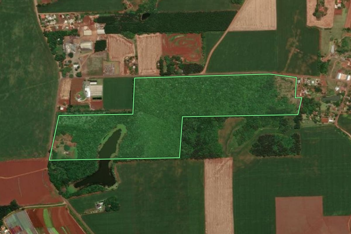 Imagem de satélite do imóvel rural em Santa Rosa (RS), com o contorno declarado no CAR desenhado por cima.