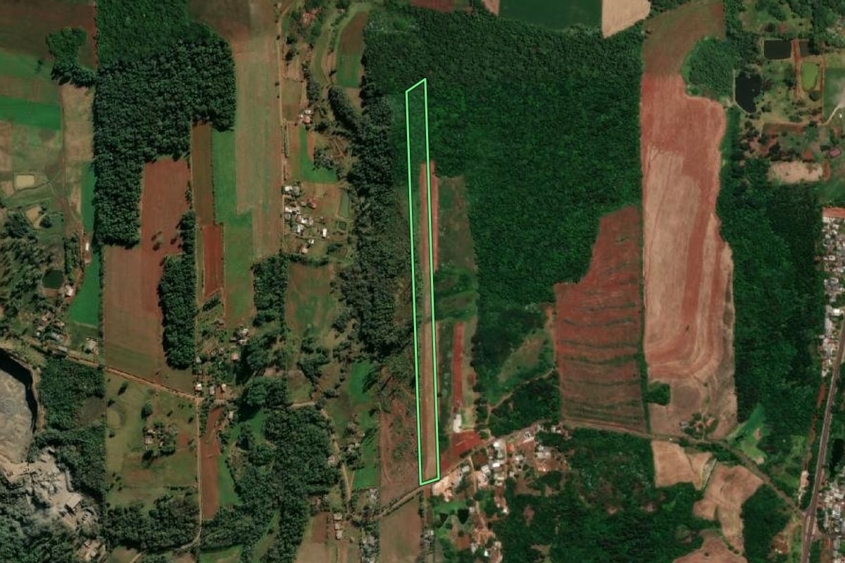 Imagem de satélite do imóvel rural em Santa Rosa (RS), com o contorno declarado no CAR desenhado por cima.