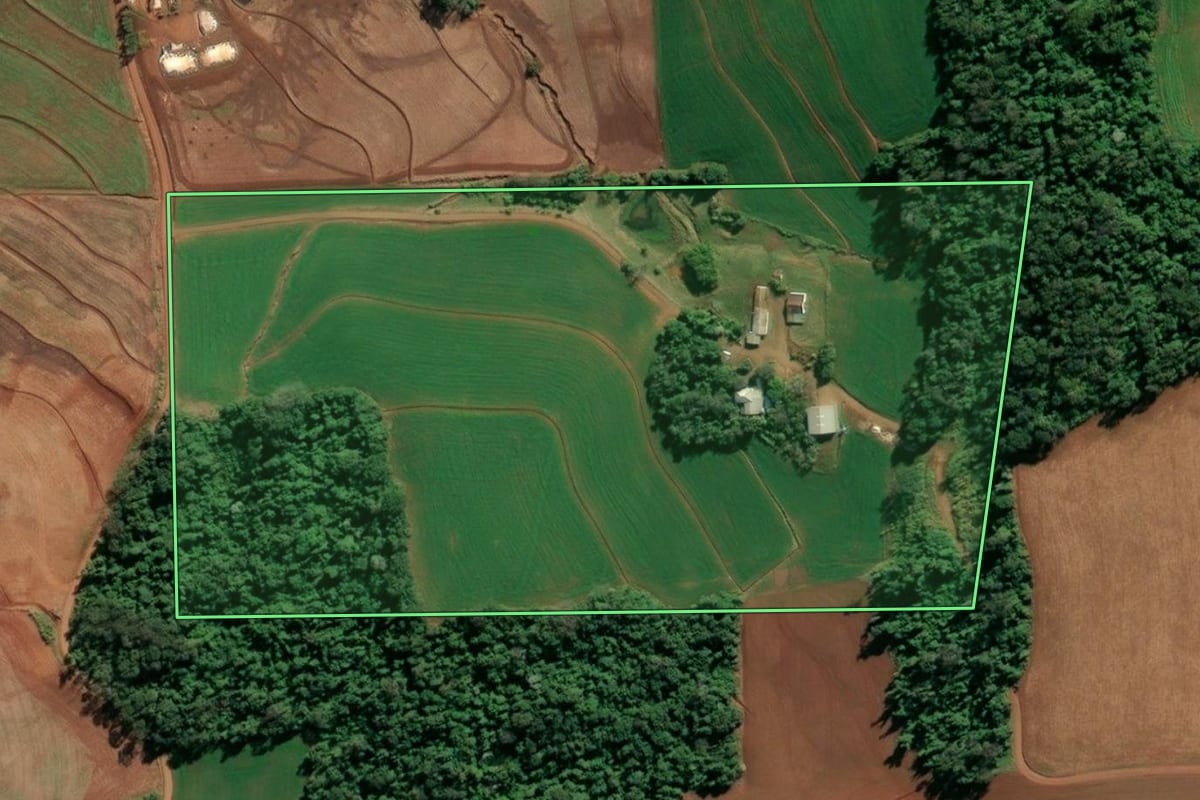 Imagem de satélite do imóvel rural em Santa Rosa (RS), com o contorno declarado no CAR desenhado por cima.