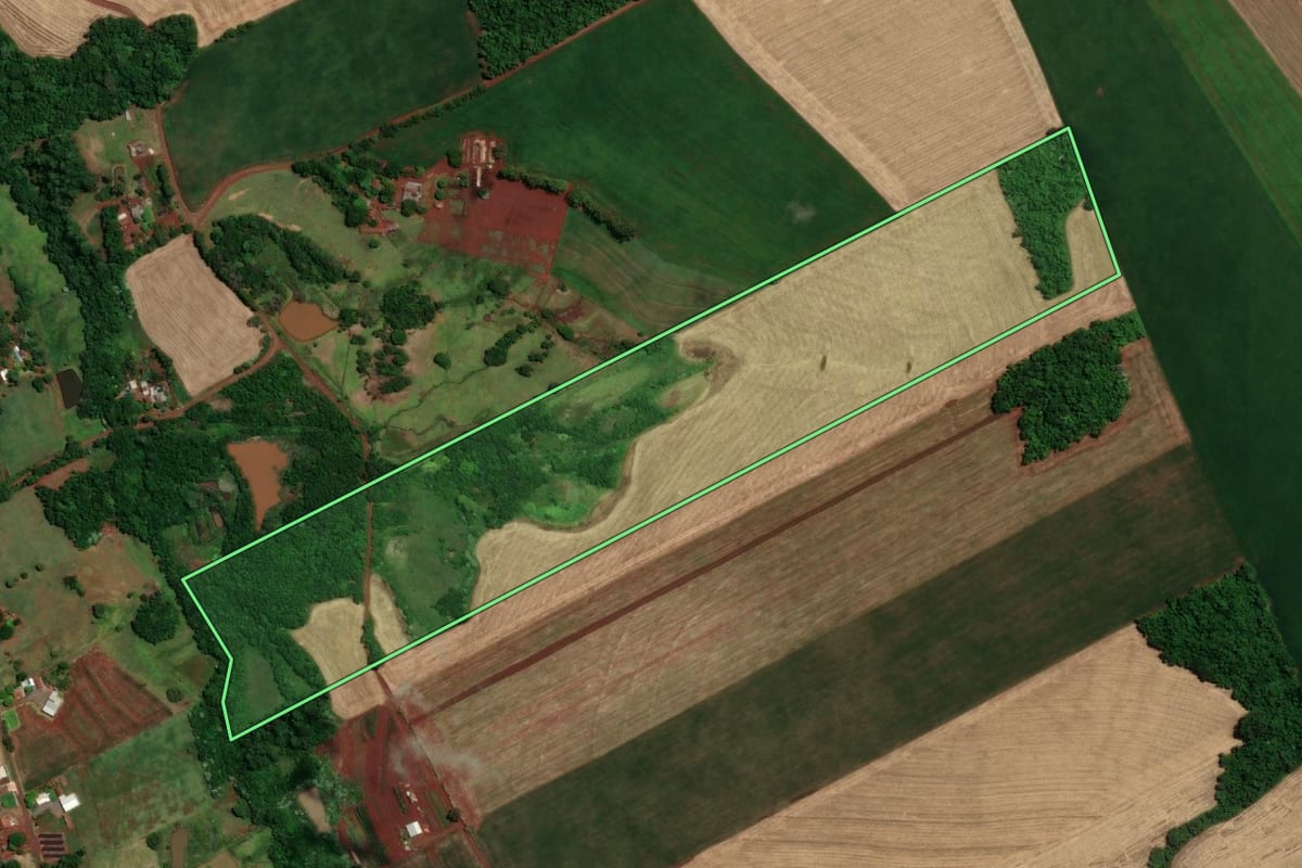 Imagem de satélite do imóvel rural em Santa Rosa (RS), com o contorno declarado no CAR desenhado por cima.