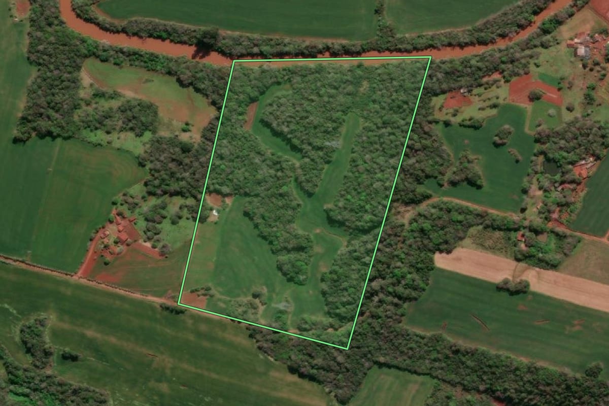 Imagem de satélite do imóvel rural em Santa Rosa (RS), com o contorno declarado no CAR desenhado por cima.