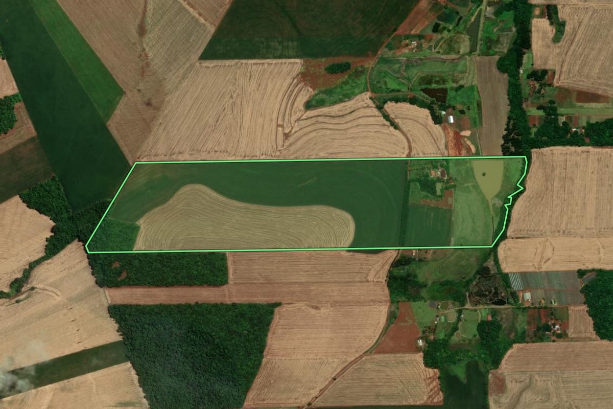 Imagem de satélite do imóvel rural em Santa Rosa (RS), com o contorno declarado no CAR desenhado por cima.