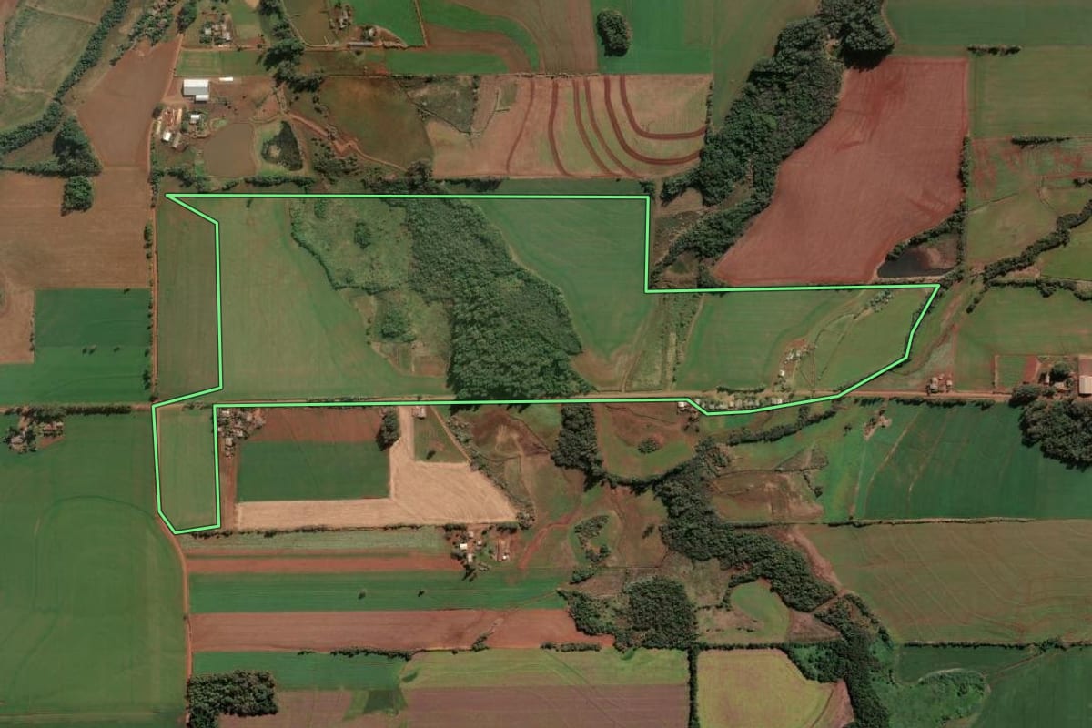 Imagem de satélite do imóvel rural em Santa Rosa (RS), com o contorno declarado no CAR desenhado por cima.