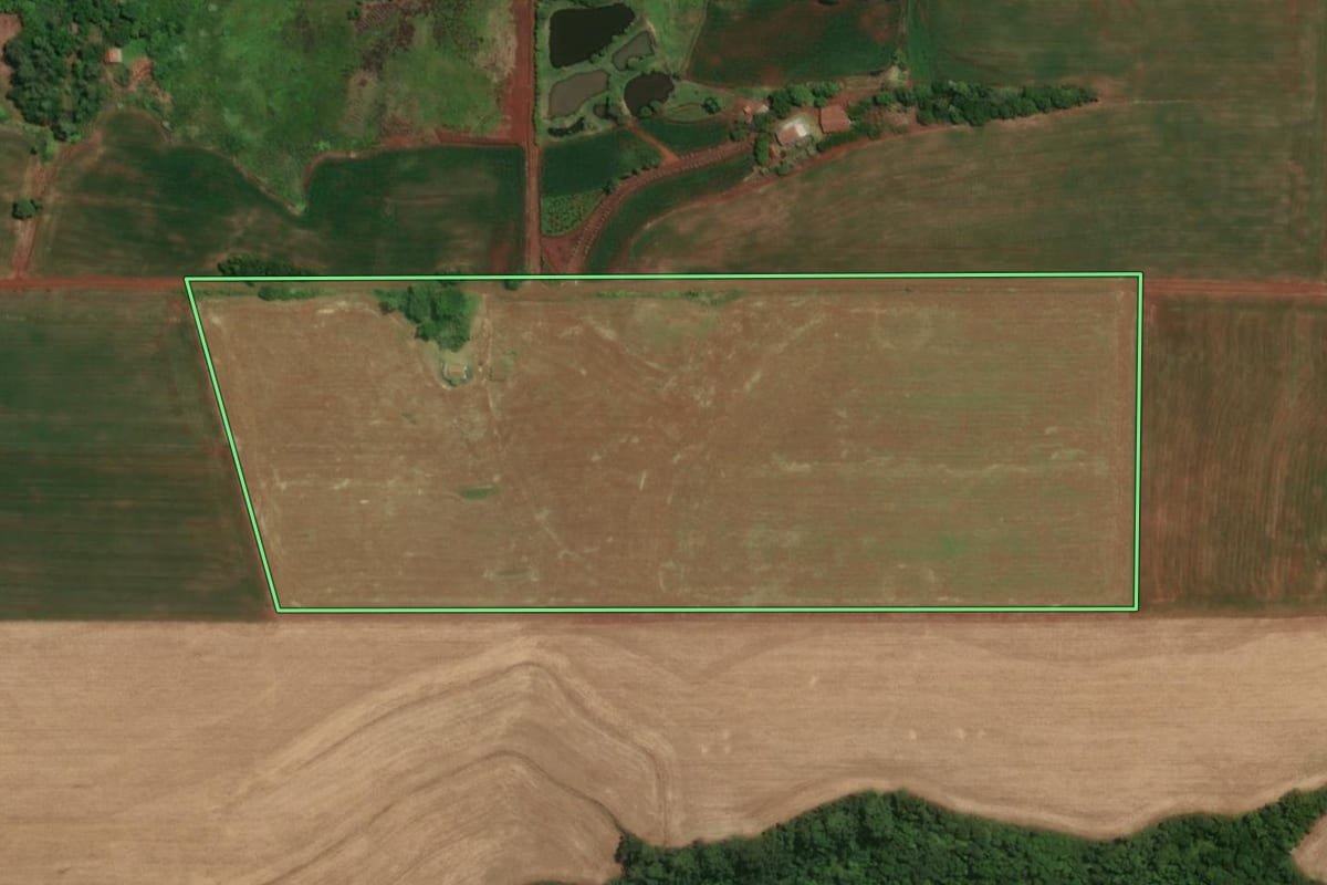 Imagem de satélite do imóvel rural em Santa Rosa (RS), com o contorno declarado no CAR desenhado por cima.