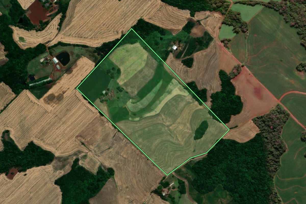Imagem de satélite do imóvel rural em Santa Rosa (RS), com o contorno declarado no CAR desenhado por cima.