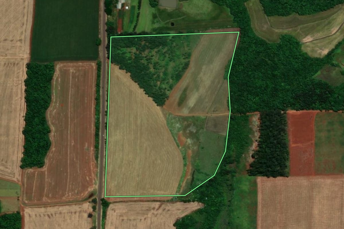 Imagem de satélite do imóvel rural em Santa Rosa (RS), com o contorno declarado no CAR desenhado por cima.