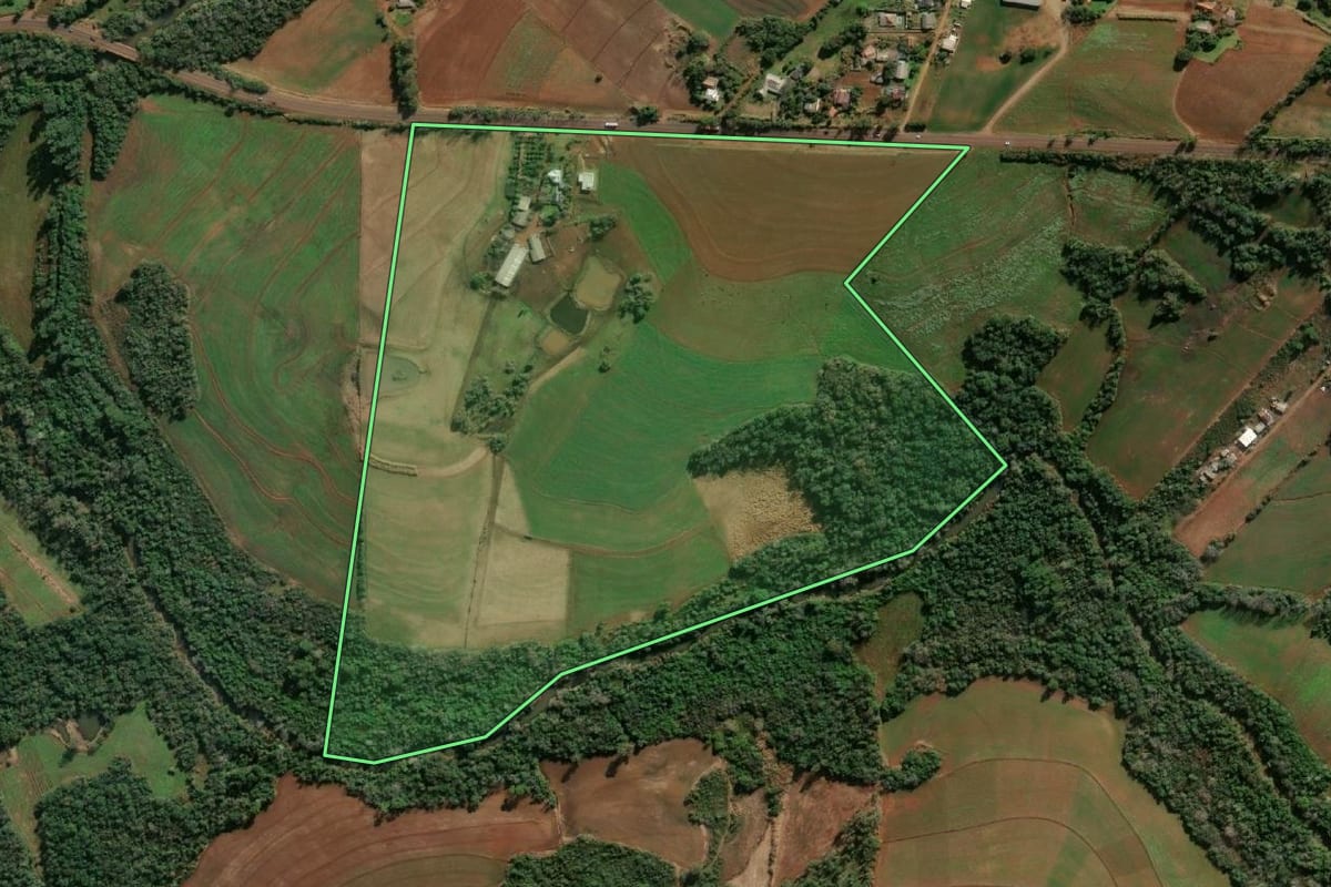 Imagem de satélite do imóvel rural em Santa Rosa (RS), com o contorno declarado no CAR desenhado por cima.