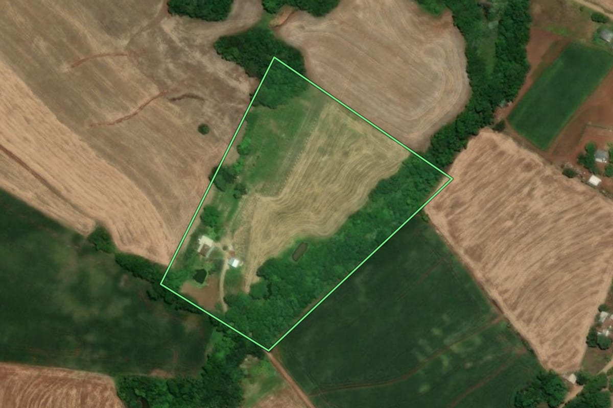 Imagem de satélite do imóvel rural em Santa Rosa (RS), com o contorno declarado no CAR desenhado por cima.