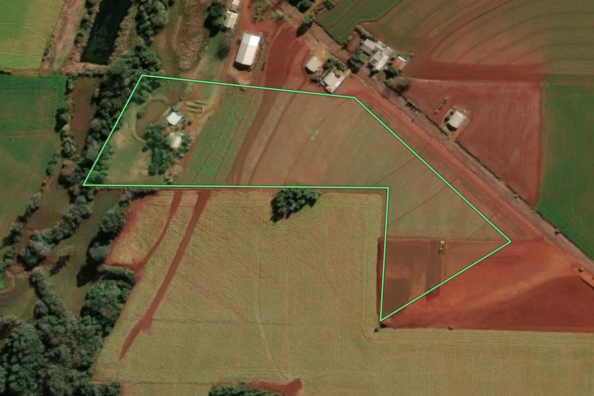 Imagem de satélite do imóvel rural em Santa Rosa (RS), com o contorno declarado no CAR desenhado por cima.