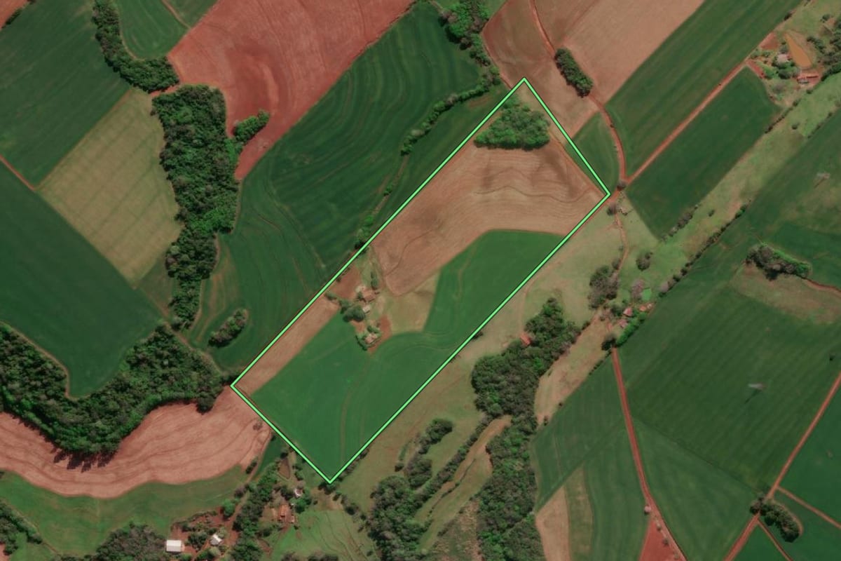 Imagem de satélite do imóvel rural em Santa Rosa (RS), com o contorno declarado no CAR desenhado por cima.
