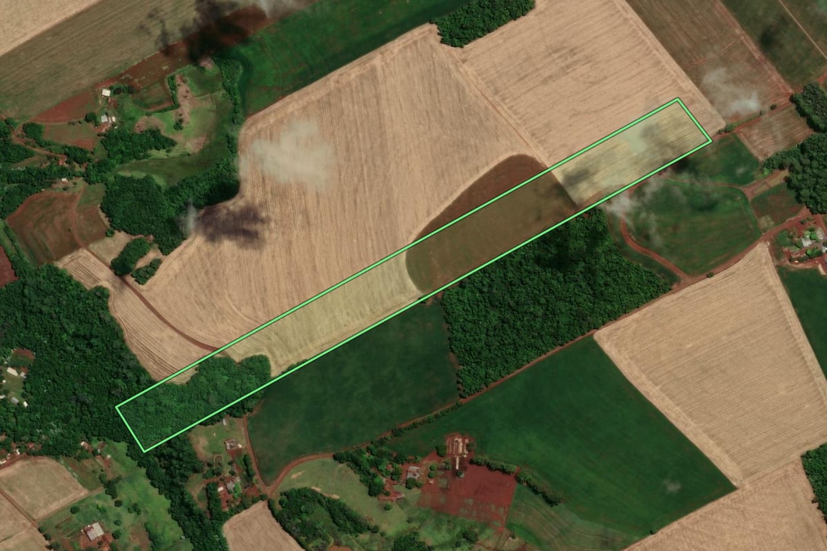 Imagem de satélite do imóvel rural em Santa Rosa (RS), com o contorno declarado no CAR desenhado por cima.