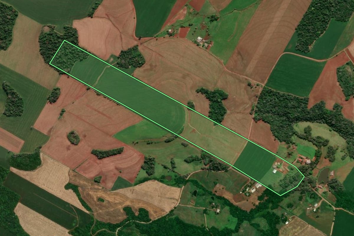 Imagem de satélite do imóvel rural em Santa Rosa (RS), com o contorno declarado no CAR desenhado por cima.