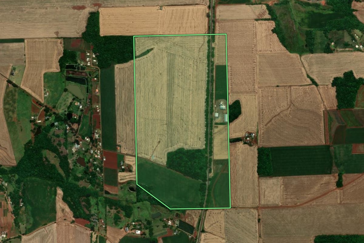 Imagem de satélite do imóvel rural em Santa Rosa (RS), com o contorno declarado no CAR desenhado por cima.