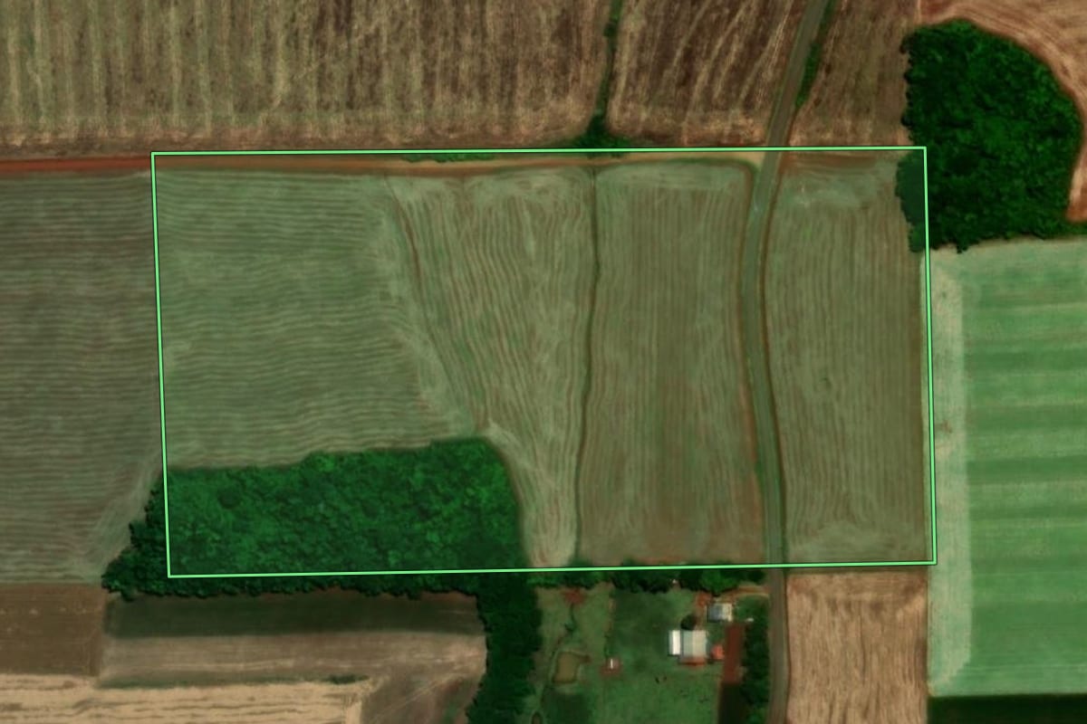 Imagem de satélite do imóvel rural em Santa Rosa (RS), com o contorno declarado no CAR desenhado por cima.