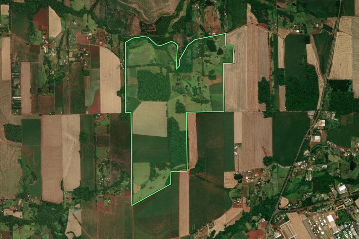 Imagem de satélite do imóvel rural em Santa Rosa (RS), com o contorno declarado no CAR desenhado por cima.