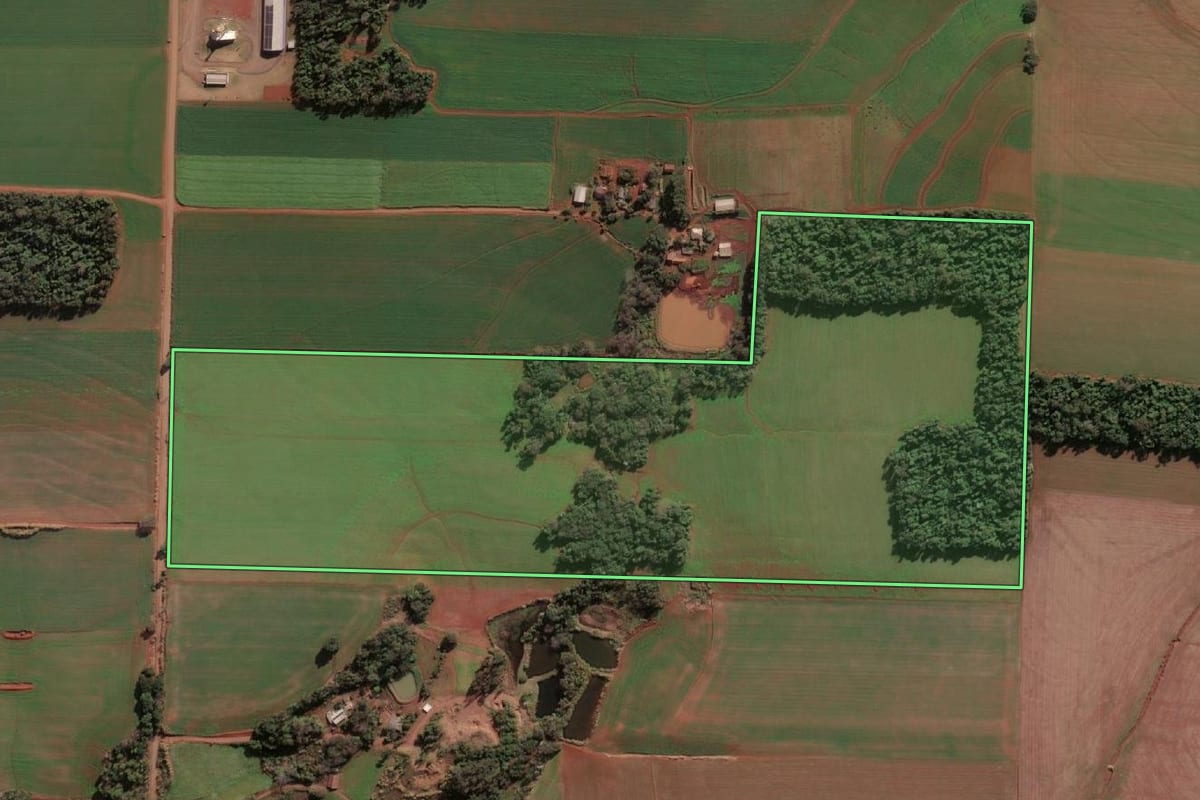 Imagem de satélite do imóvel rural em Santa Rosa (RS), com o contorno declarado no CAR desenhado por cima.