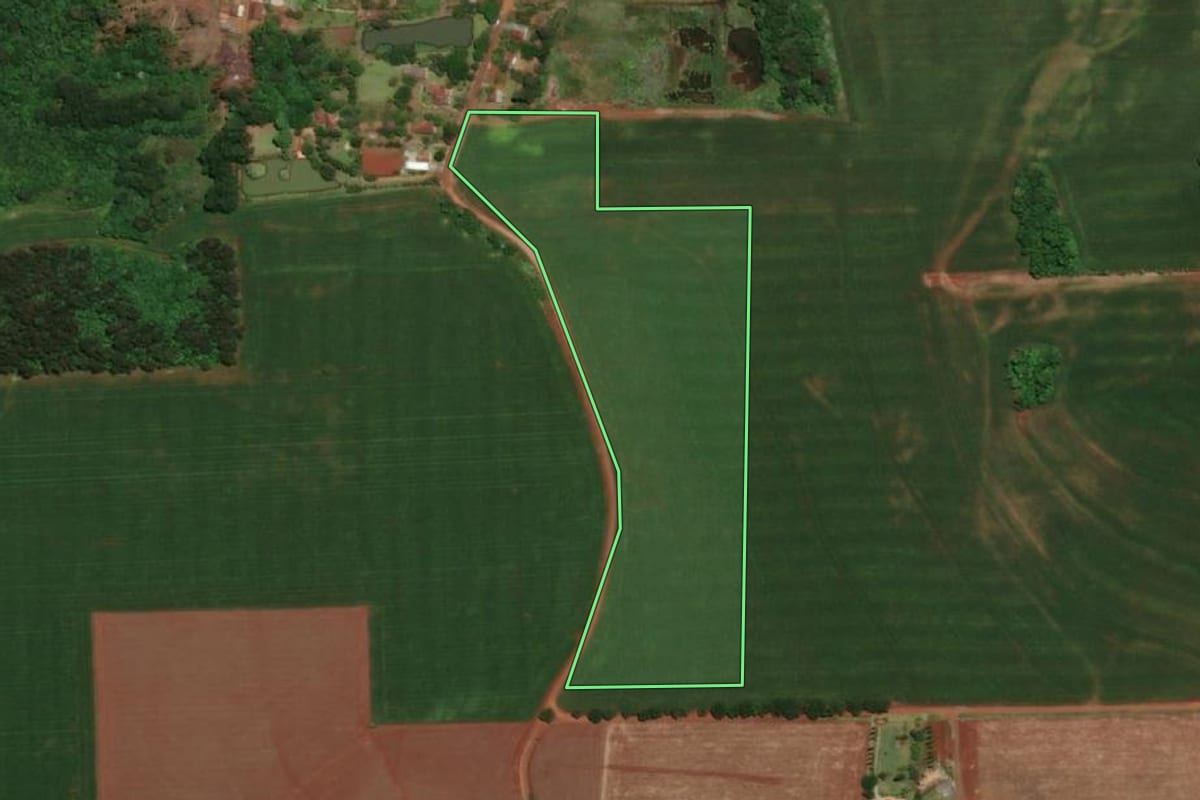 Imagem de satélite do imóvel rural em Santa Rosa (RS), com o contorno declarado no CAR desenhado por cima.