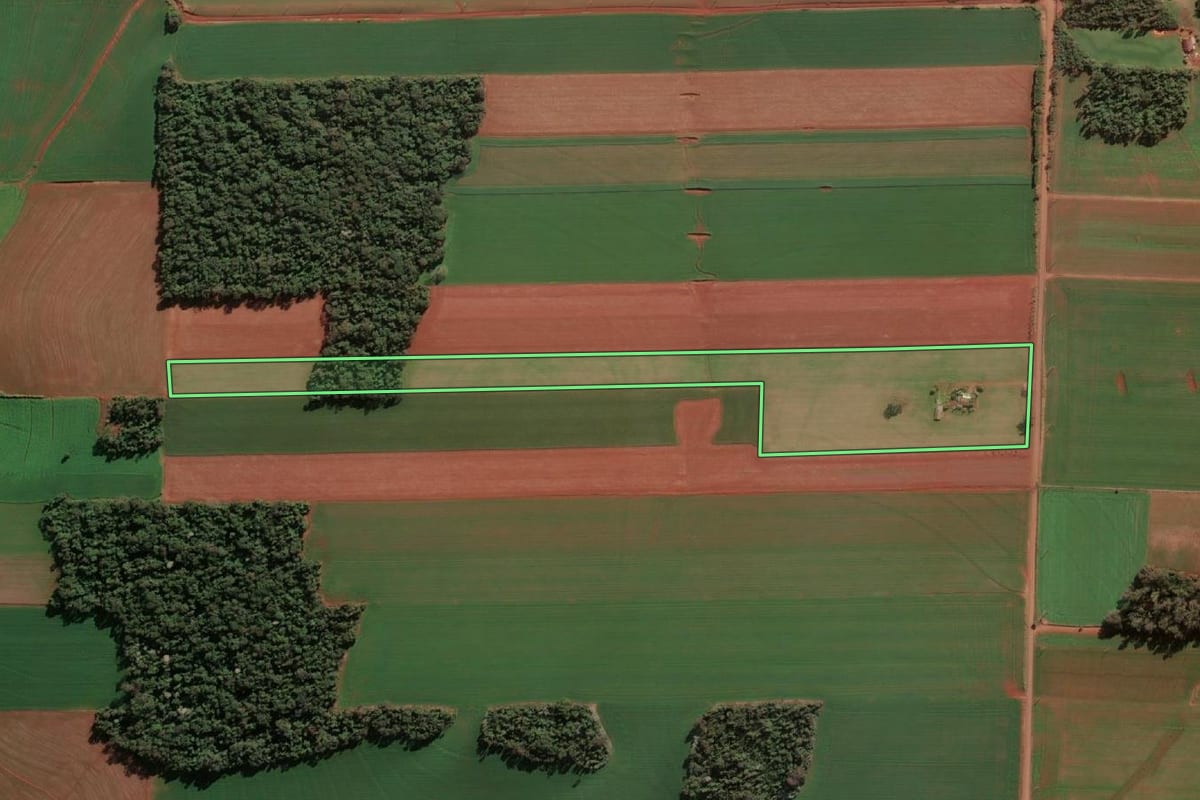 Imagem de satélite do imóvel rural em Santa Rosa (RS), com o contorno declarado no CAR desenhado por cima.