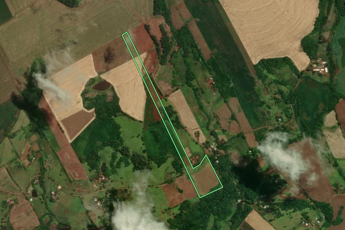 Imagem de satélite do imóvel rural em Santa Rosa (RS), com o contorno declarado no CAR desenhado por cima.