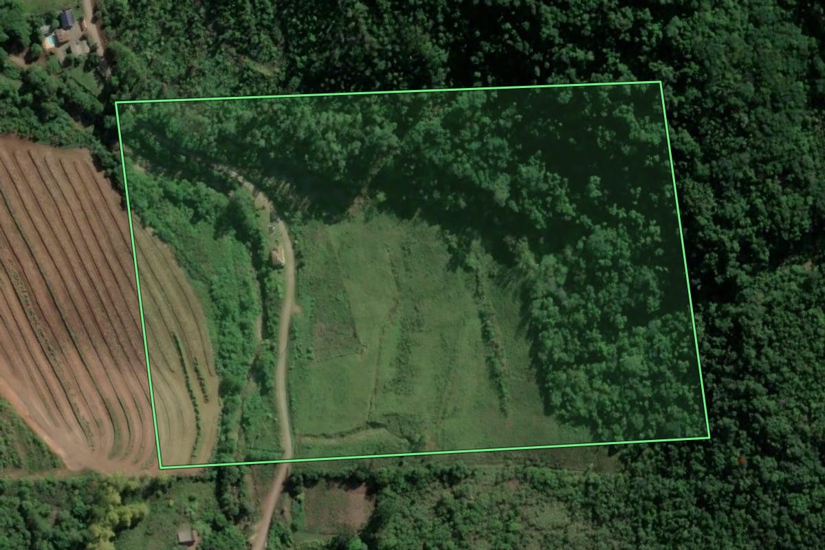 Imagem de satélite do imóvel rural em Santa Tereza (RS), com o contorno declarado no CAR desenhado por cima.
