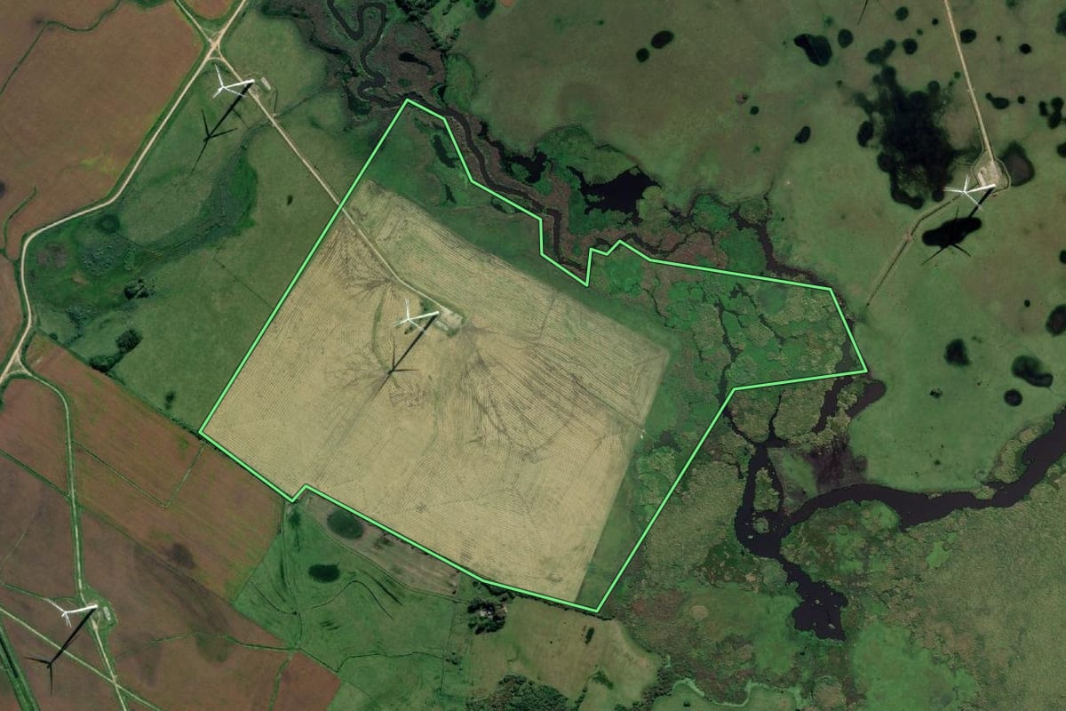 Imagem de satélite do imóvel rural em Santa Vitória do Palmar (RS), com o contorno declarado no CAR desenhado por cima.