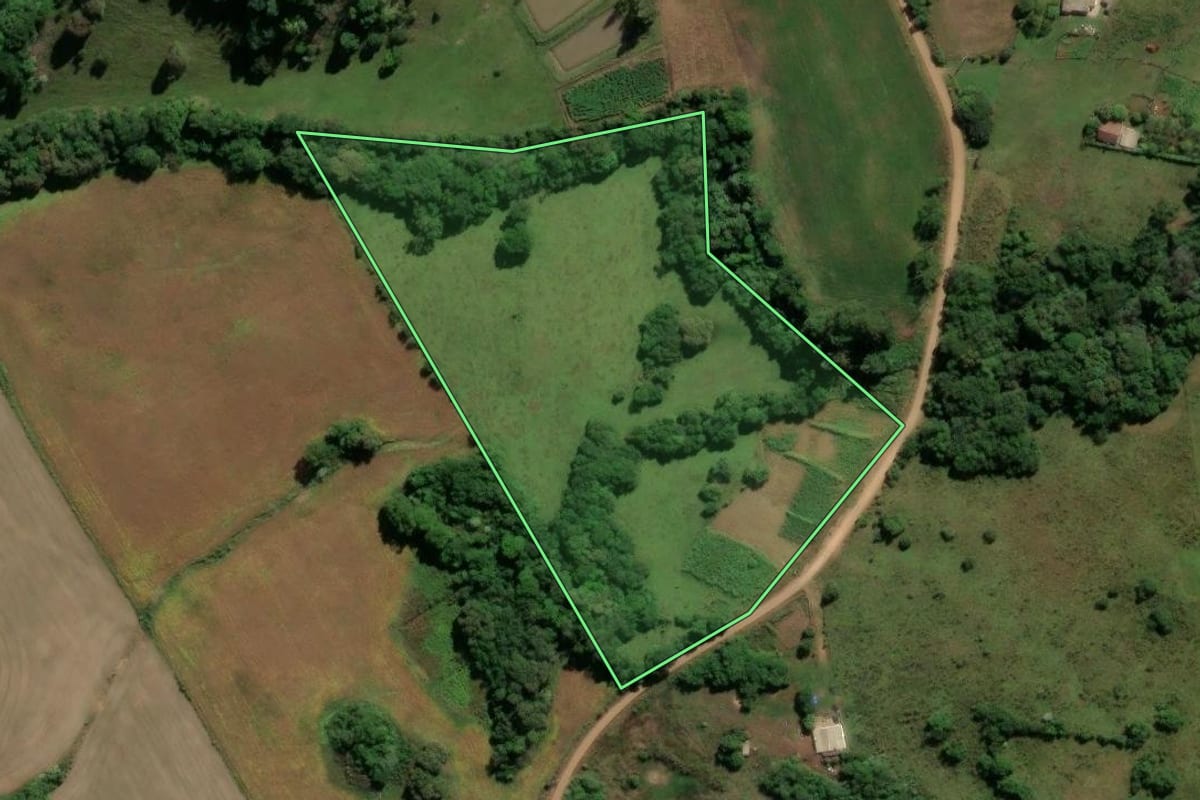 Imagem de satélite do imóvel rural em Santiago (RS), com o contorno declarado no CAR desenhado por cima.