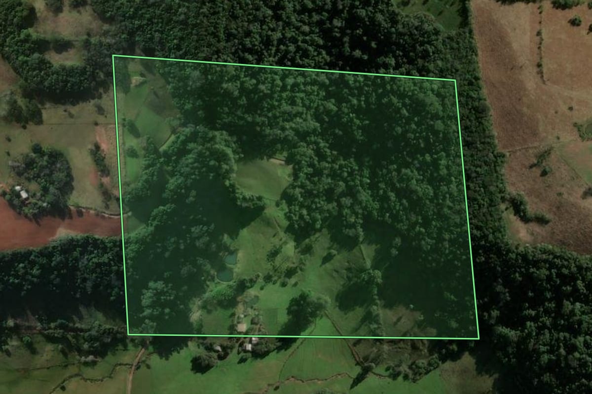 Imagem de satélite do imóvel rural em Santiago (RS), com o contorno declarado no CAR desenhado por cima.