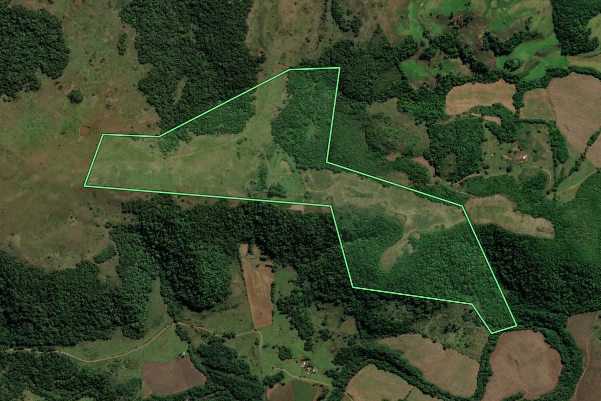 Imagem de satélite do imóvel rural em Santiago (RS), com o contorno declarado no CAR desenhado por cima.