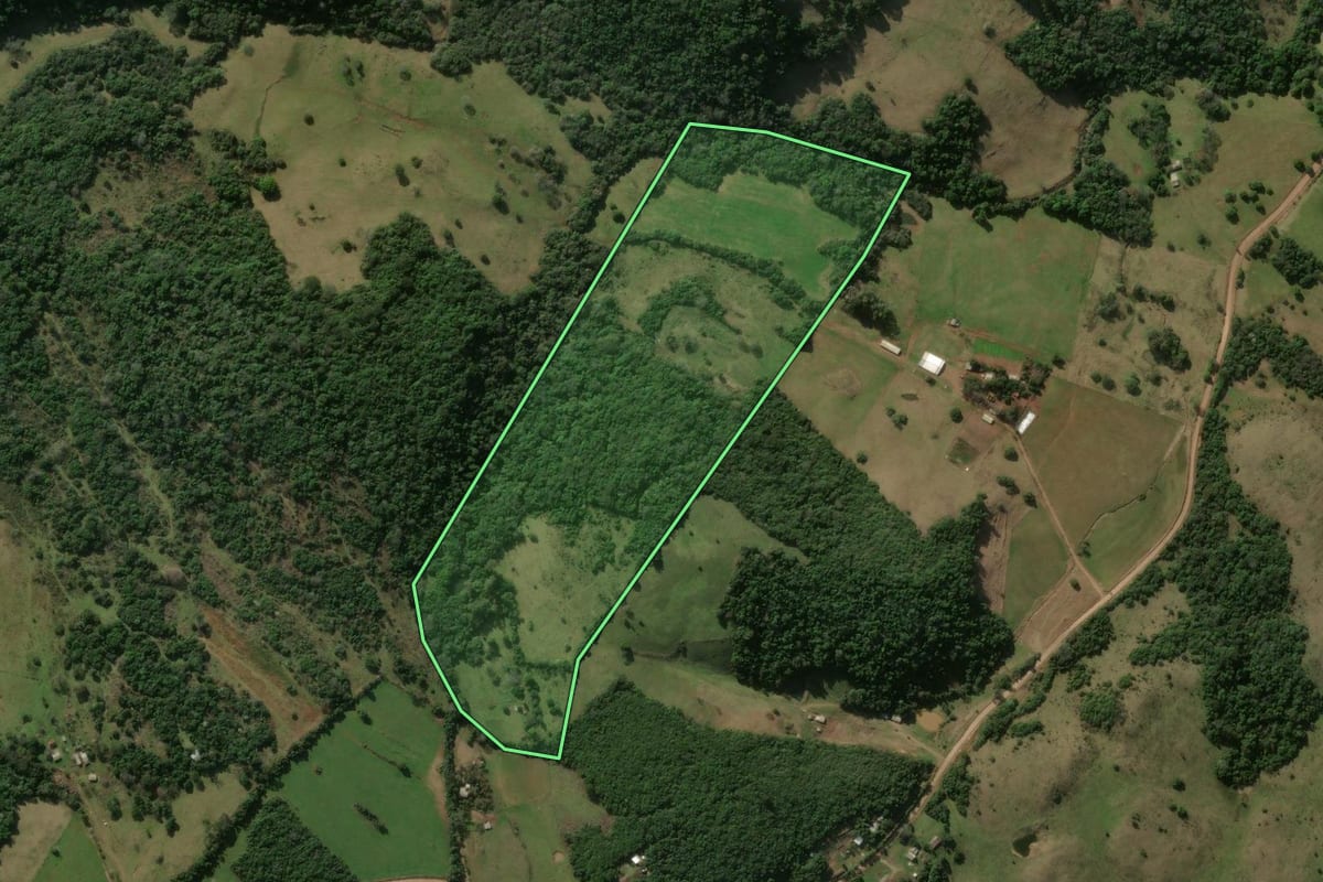 Imagem de satélite do imóvel rural em Santiago (RS), com o contorno declarado no CAR desenhado por cima.
