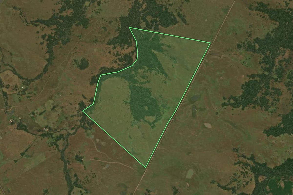 Imagem de satélite do imóvel rural em Santiago (RS), com o contorno declarado no CAR desenhado por cima.