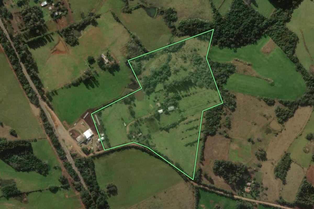 Imagem de satélite do imóvel rural em Santiago (RS), com o contorno declarado no CAR desenhado por cima.