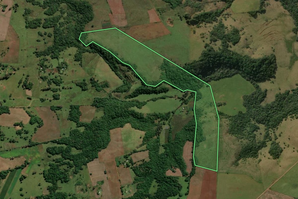 Imagem de satélite do imóvel rural em Santiago (RS), com o contorno declarado no CAR desenhado por cima.