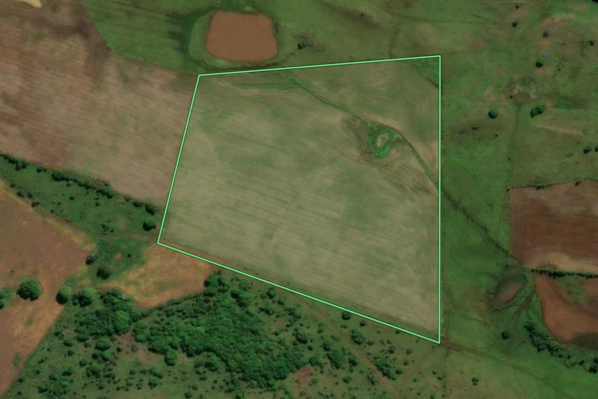 Imagem de satélite do imóvel rural em Santiago (RS), com o contorno declarado no CAR desenhado por cima.