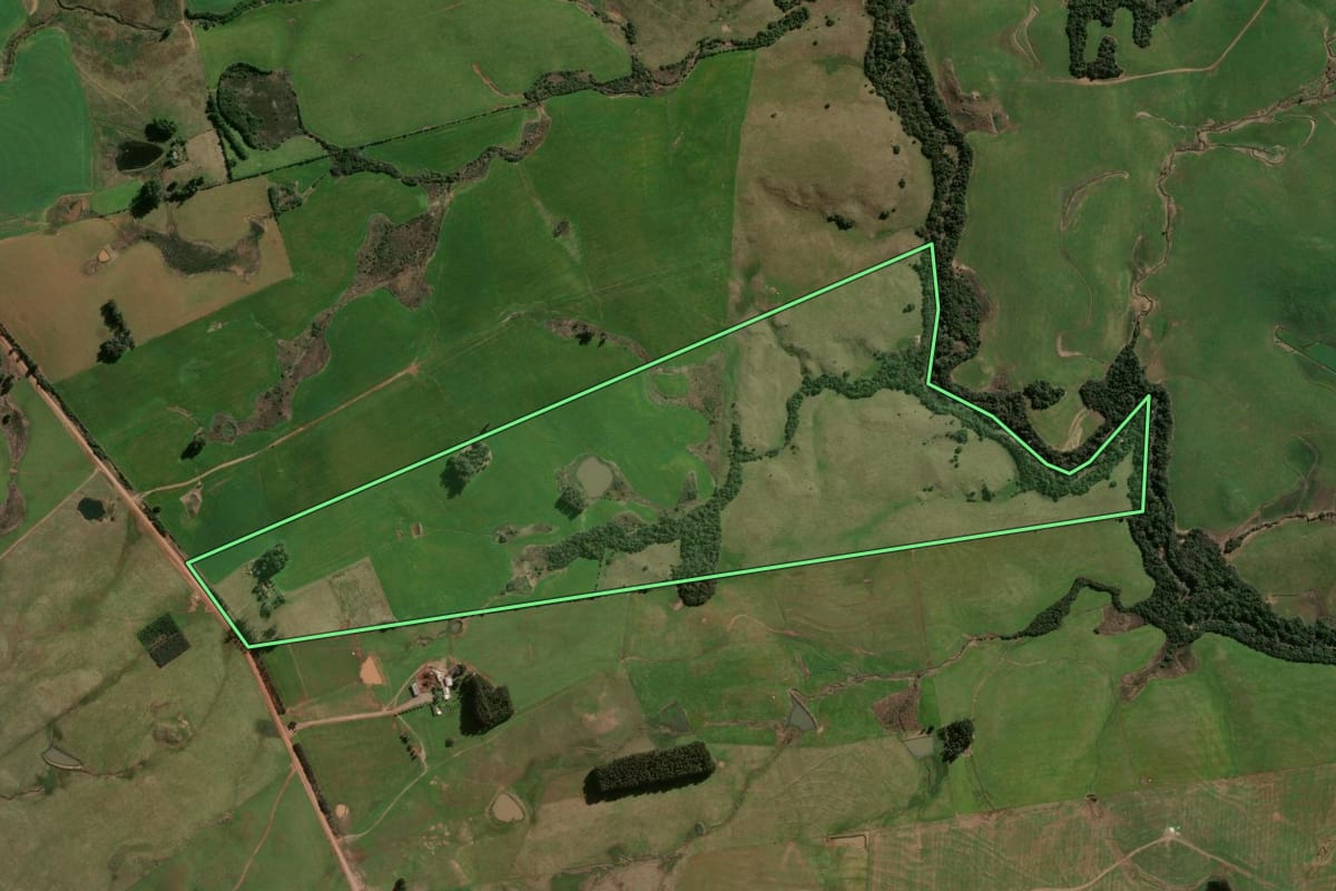 Imagem de satélite do imóvel rural em Santiago (RS), com o contorno declarado no CAR desenhado por cima.