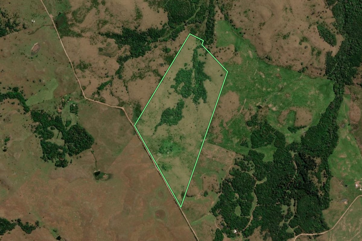 Imagem de satélite do imóvel rural em Santiago (RS), com o contorno declarado no CAR desenhado por cima.
