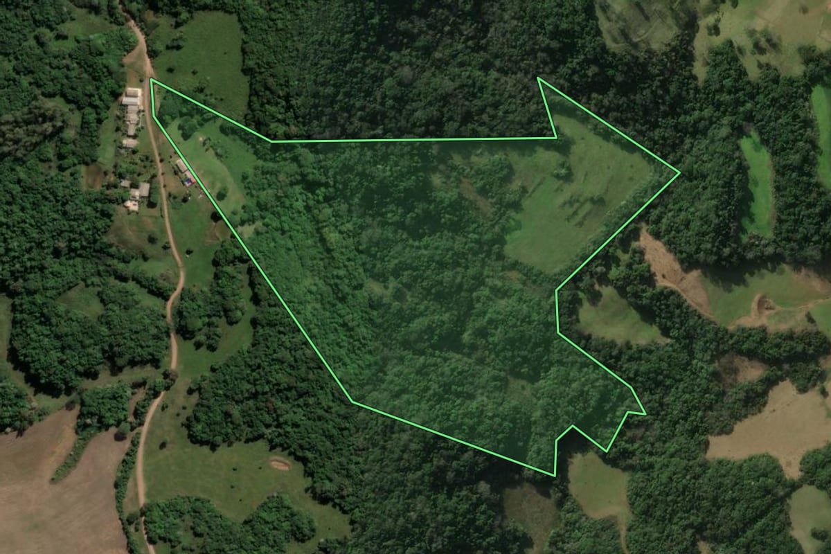 Imagem de satélite do imóvel rural em Santiago (RS), com o contorno declarado no CAR desenhado por cima.