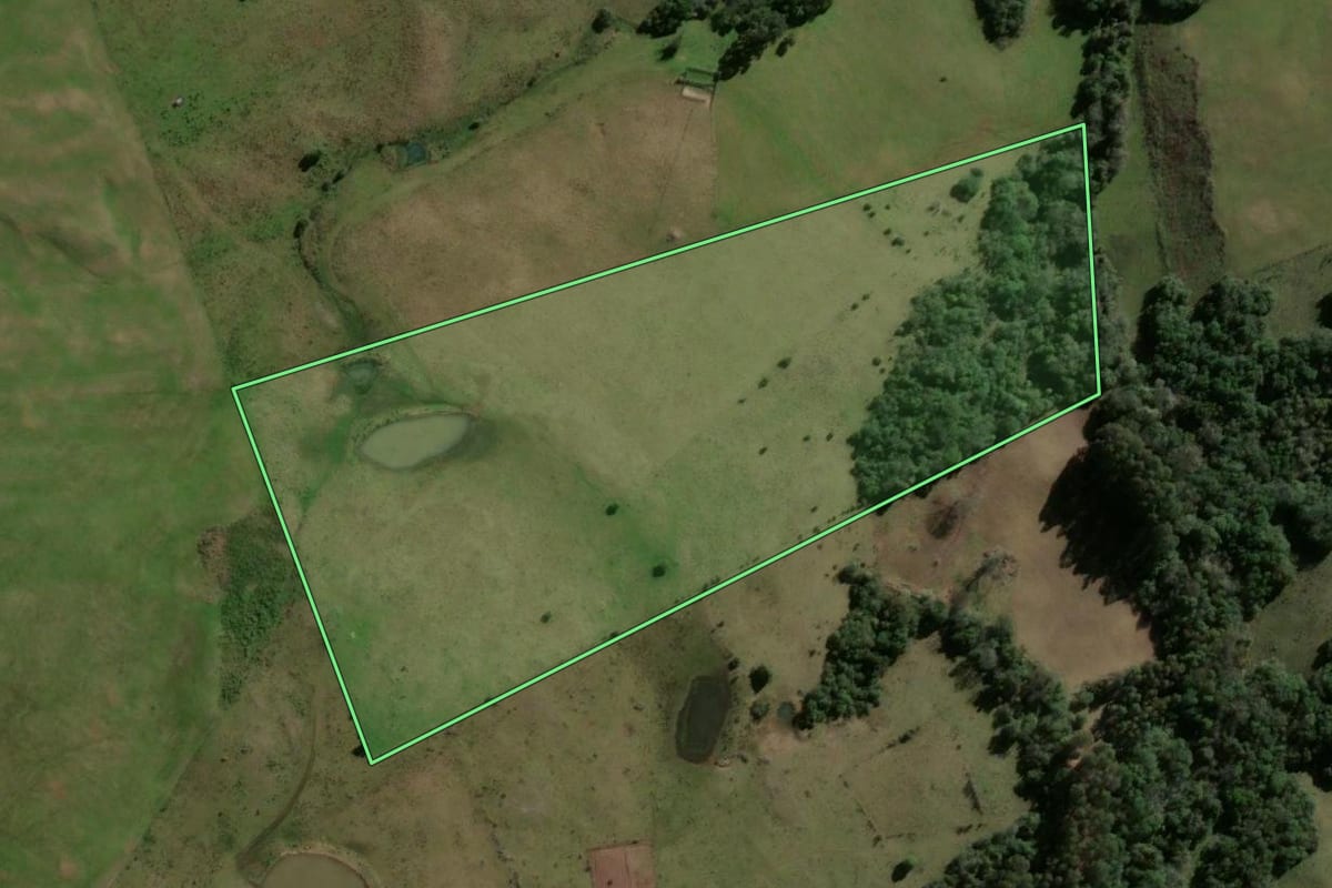 Imagem de satélite do imóvel rural em Santiago (RS), com o contorno declarado no CAR desenhado por cima.