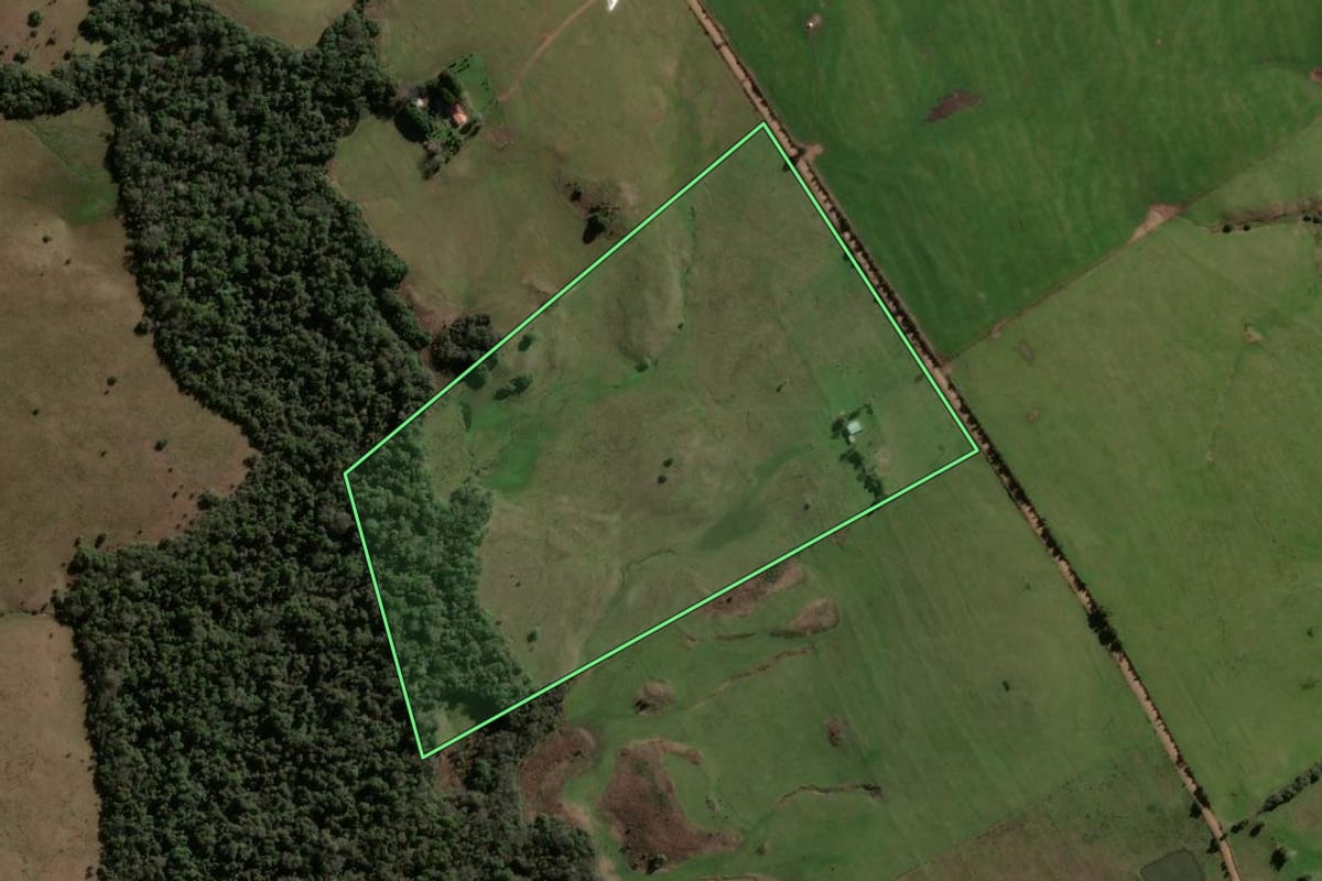 Imagem de satélite do imóvel rural em Santiago (RS), com o contorno declarado no CAR desenhado por cima.