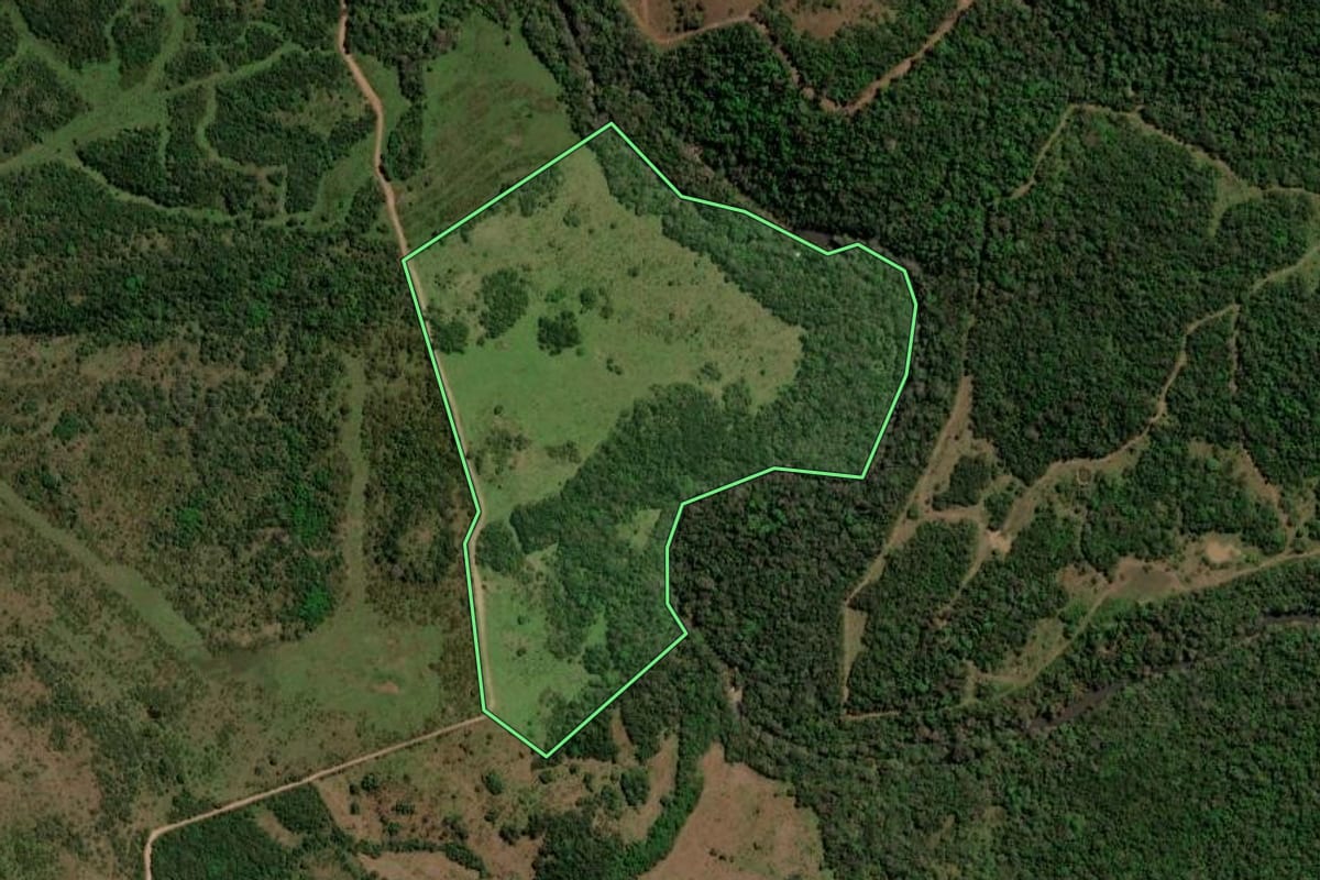 Imagem de satélite do imóvel rural em Santiago (RS), com o contorno declarado no CAR desenhado por cima.