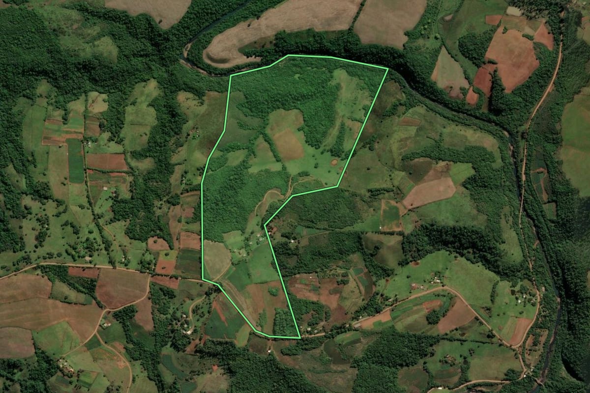 Imagem de satélite do imóvel rural em Santiago (RS), com o contorno declarado no CAR desenhado por cima.
