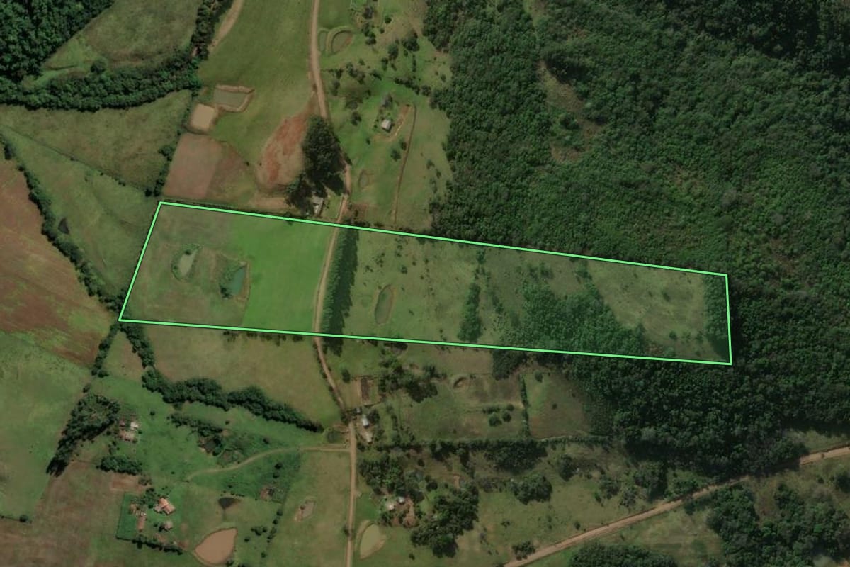 Imagem de satélite do imóvel rural em Santiago (RS), com o contorno declarado no CAR desenhado por cima.