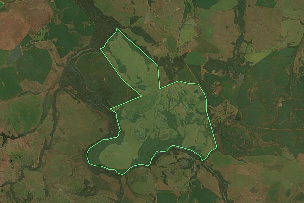 Imagem de satélite do imóvel rural em Santiago (RS), com o contorno declarado no CAR desenhado por cima.