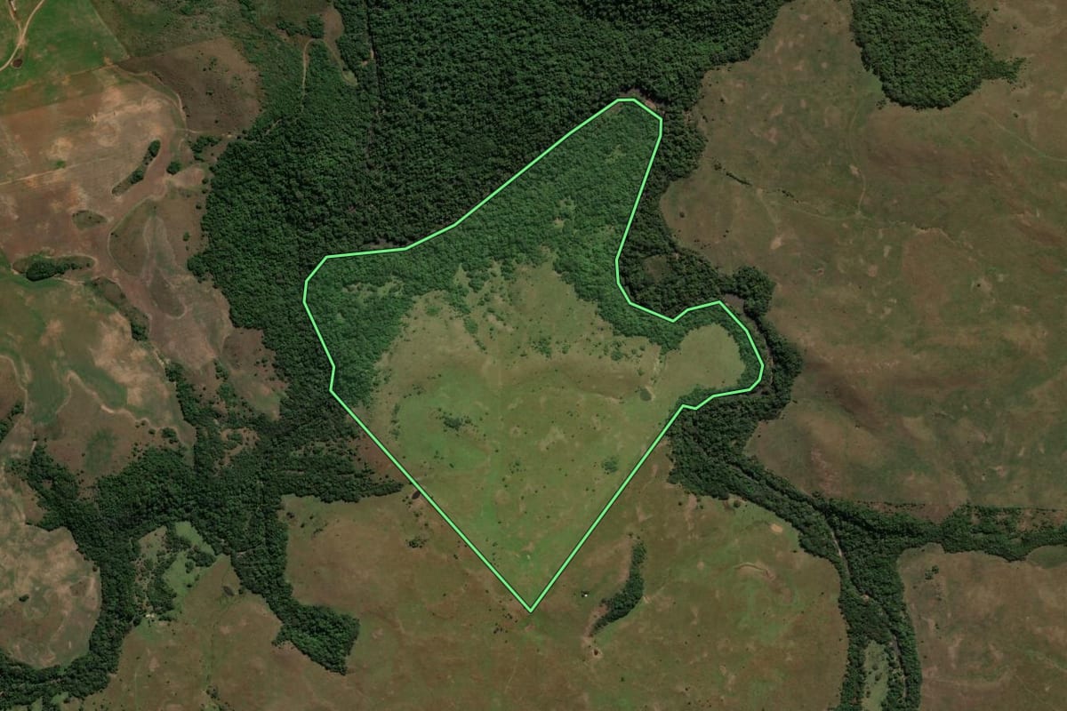 Imagem de satélite do imóvel rural em Santiago (RS), com o contorno declarado no CAR desenhado por cima.