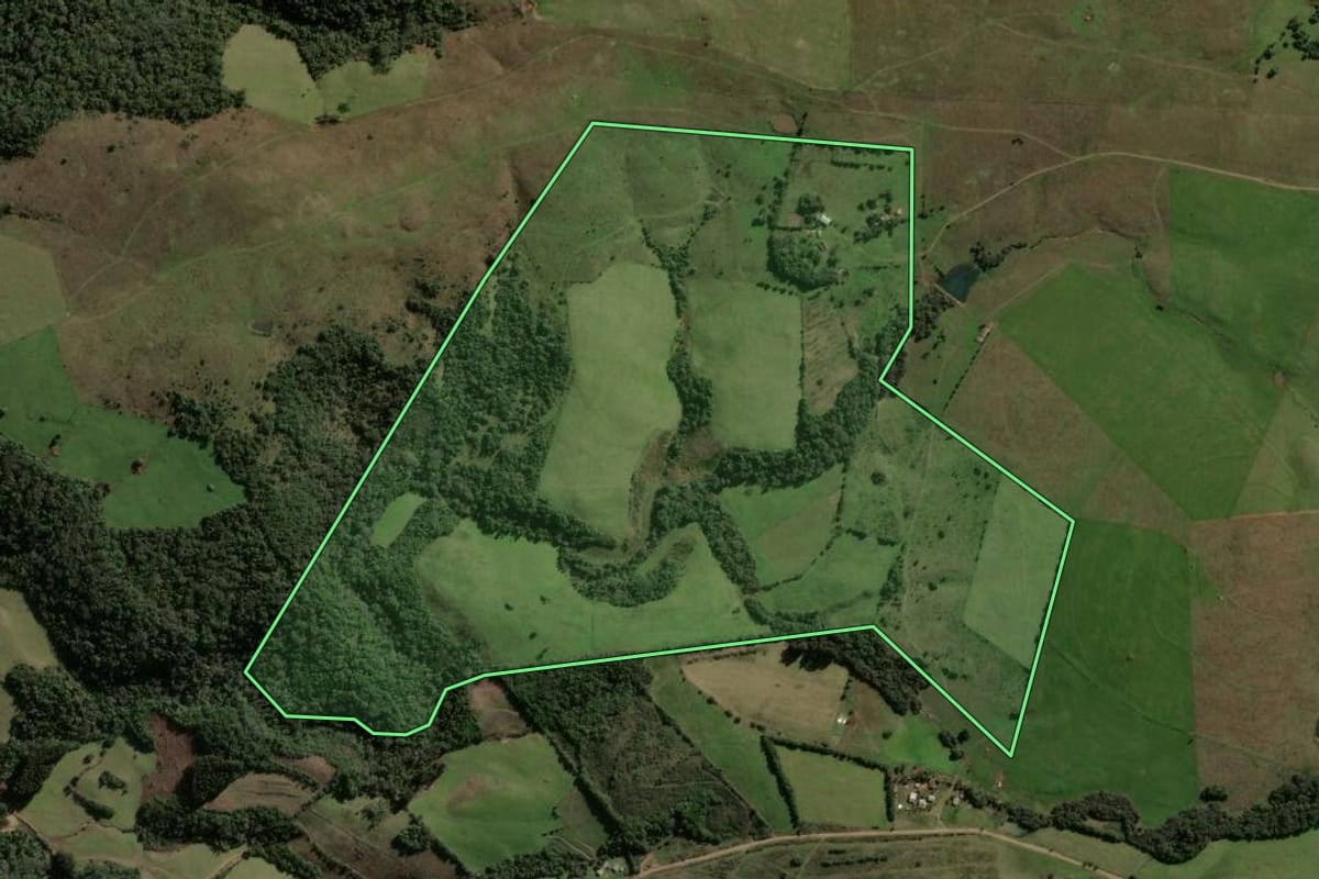 Imagem de satélite do imóvel rural em Santiago (RS), com o contorno declarado no CAR desenhado por cima.