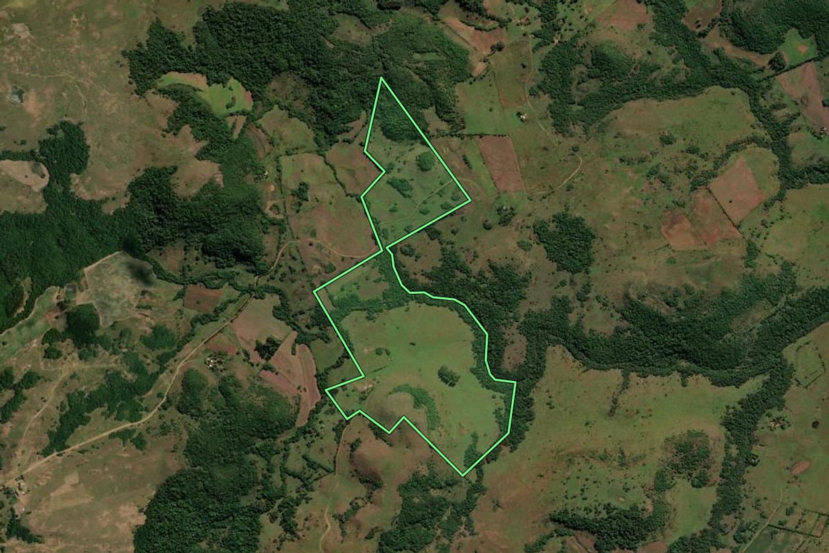 Imagem de satélite do imóvel rural em Santiago (RS), com o contorno declarado no CAR desenhado por cima.