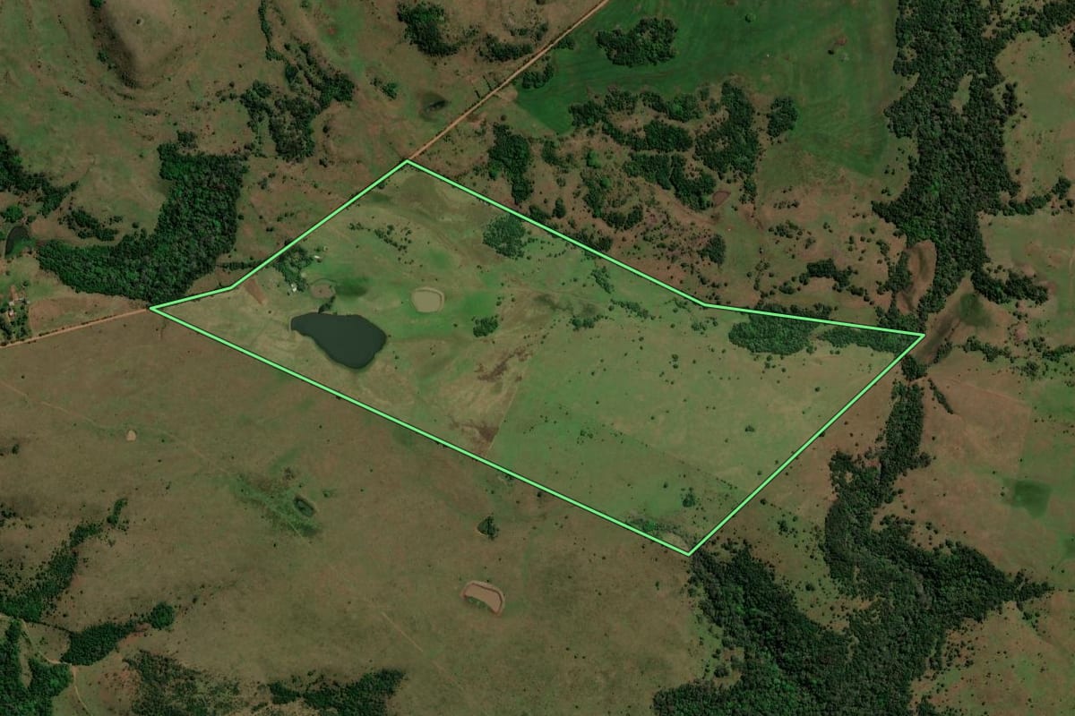 Imagem de satélite do imóvel rural em Santiago (RS), com o contorno declarado no CAR desenhado por cima.