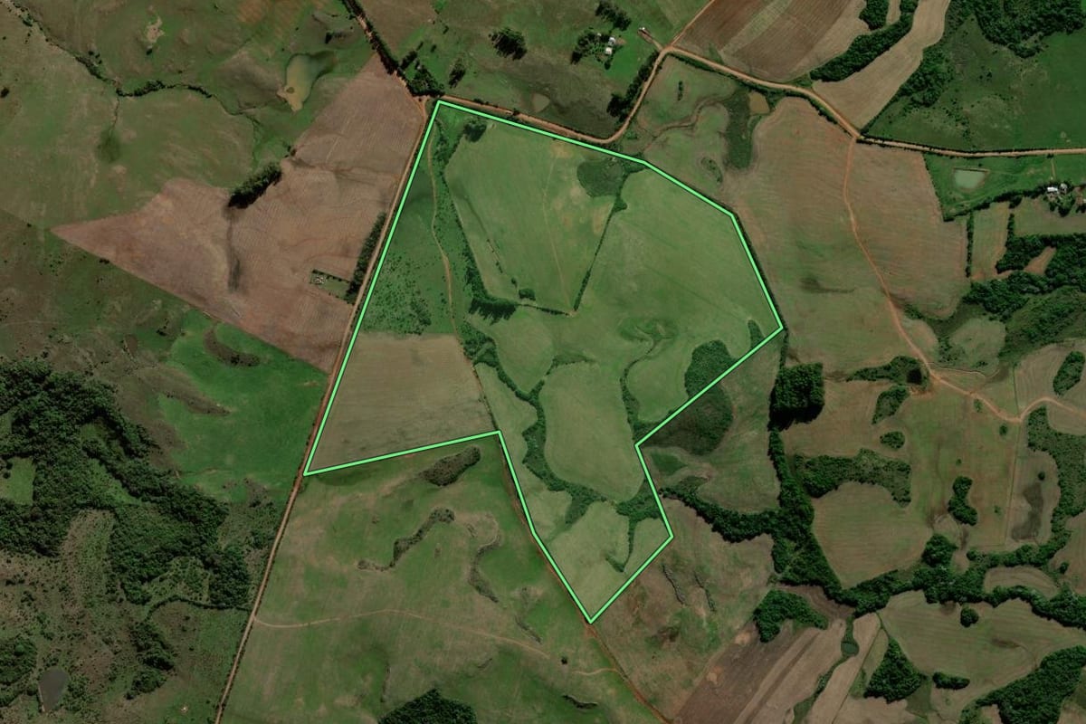 Imagem de satélite do imóvel rural em Santiago (RS), com o contorno declarado no CAR desenhado por cima.