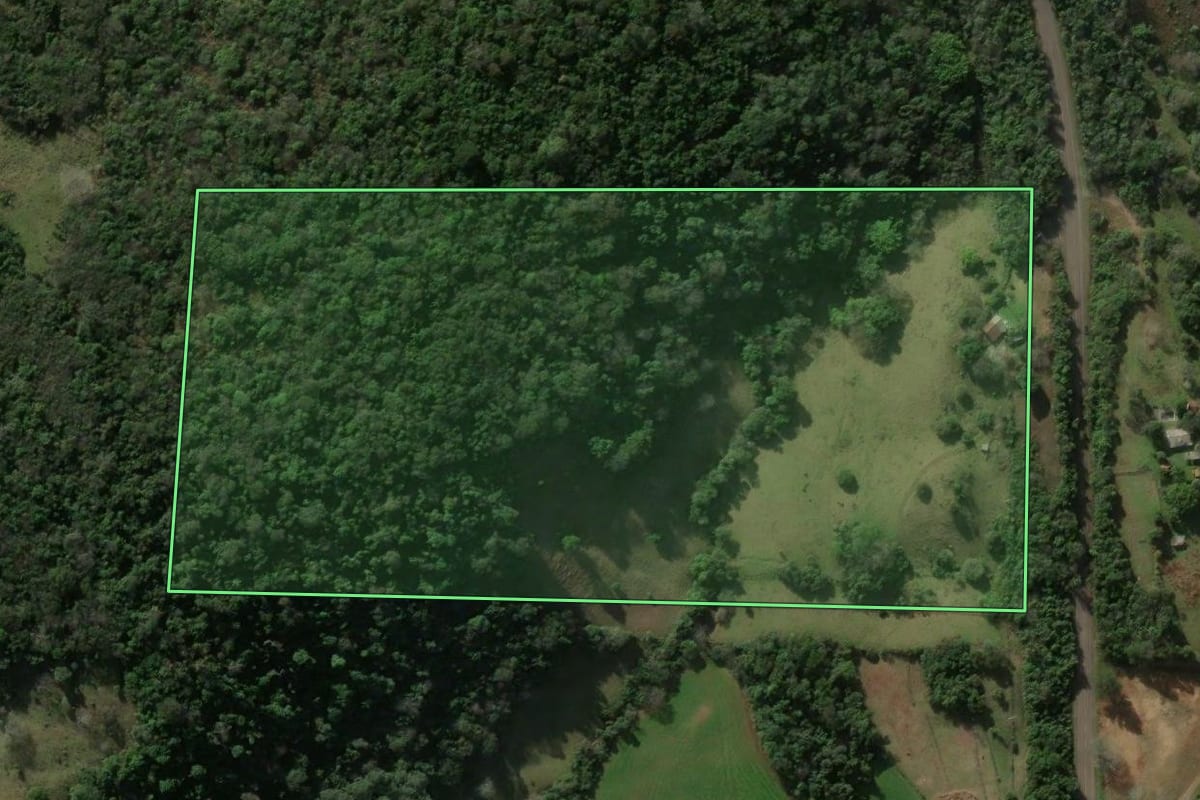 Imagem de satélite do imóvel rural em Santiago (RS), com o contorno declarado no CAR desenhado por cima.