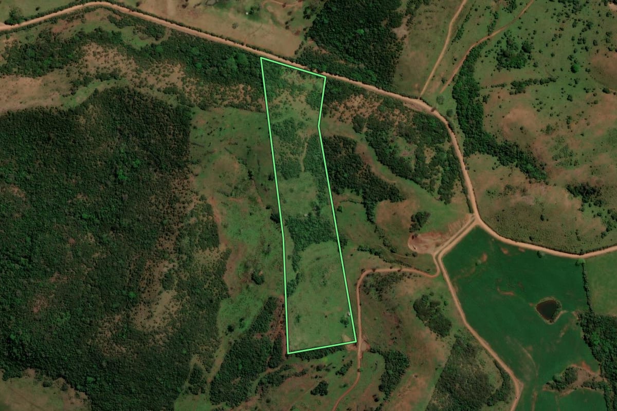 Imagem de satélite do imóvel rural em Santiago (RS), com o contorno declarado no CAR desenhado por cima.